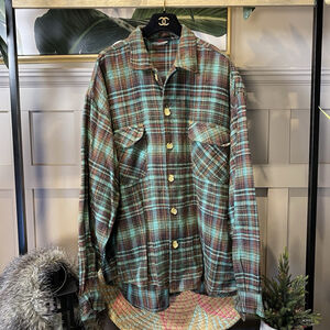 Y2K QUIKSILVER Mens Flannel Shirt Size M Teal Brown Plaid Soft Cotton Skate Surf